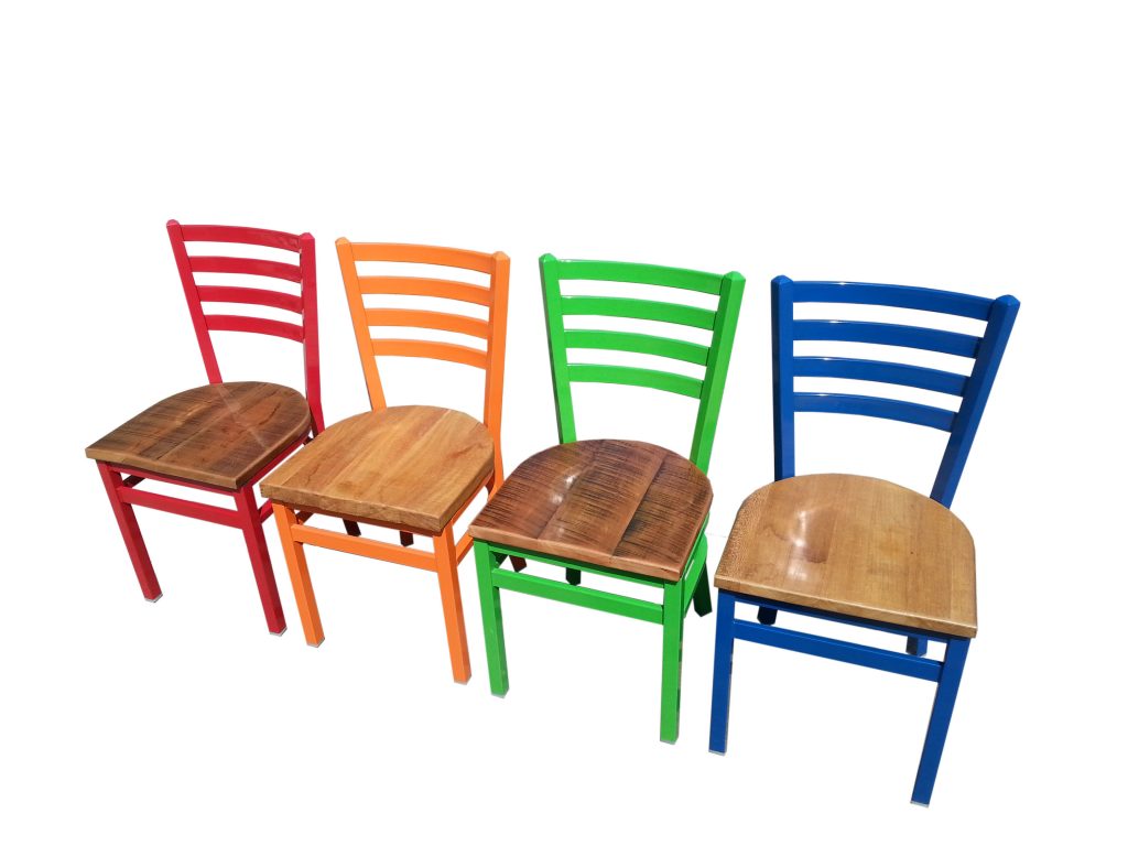 Colored Ladderback Chairs with reclaimed wood seats
